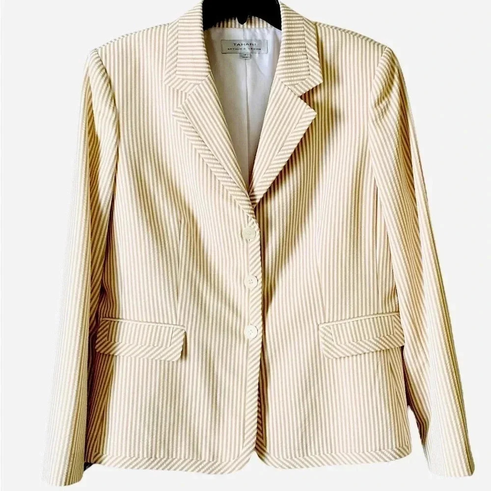 TAHARI ASL White Caramel Stripper Jacquard Blazer Sz 16 (slim fit) like size 14